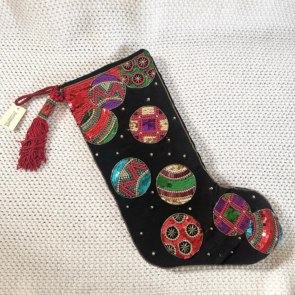 Fortunoff Vintage Deadstock Black Velvet Sequin Holiday Ornaments Stocking NWT